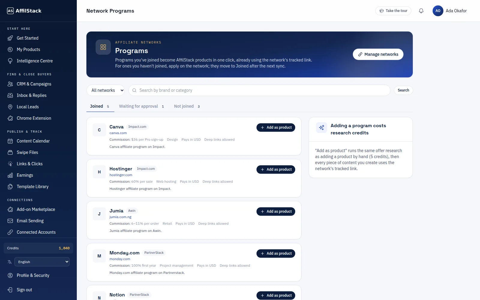 Programs from a connected network with their status and commission