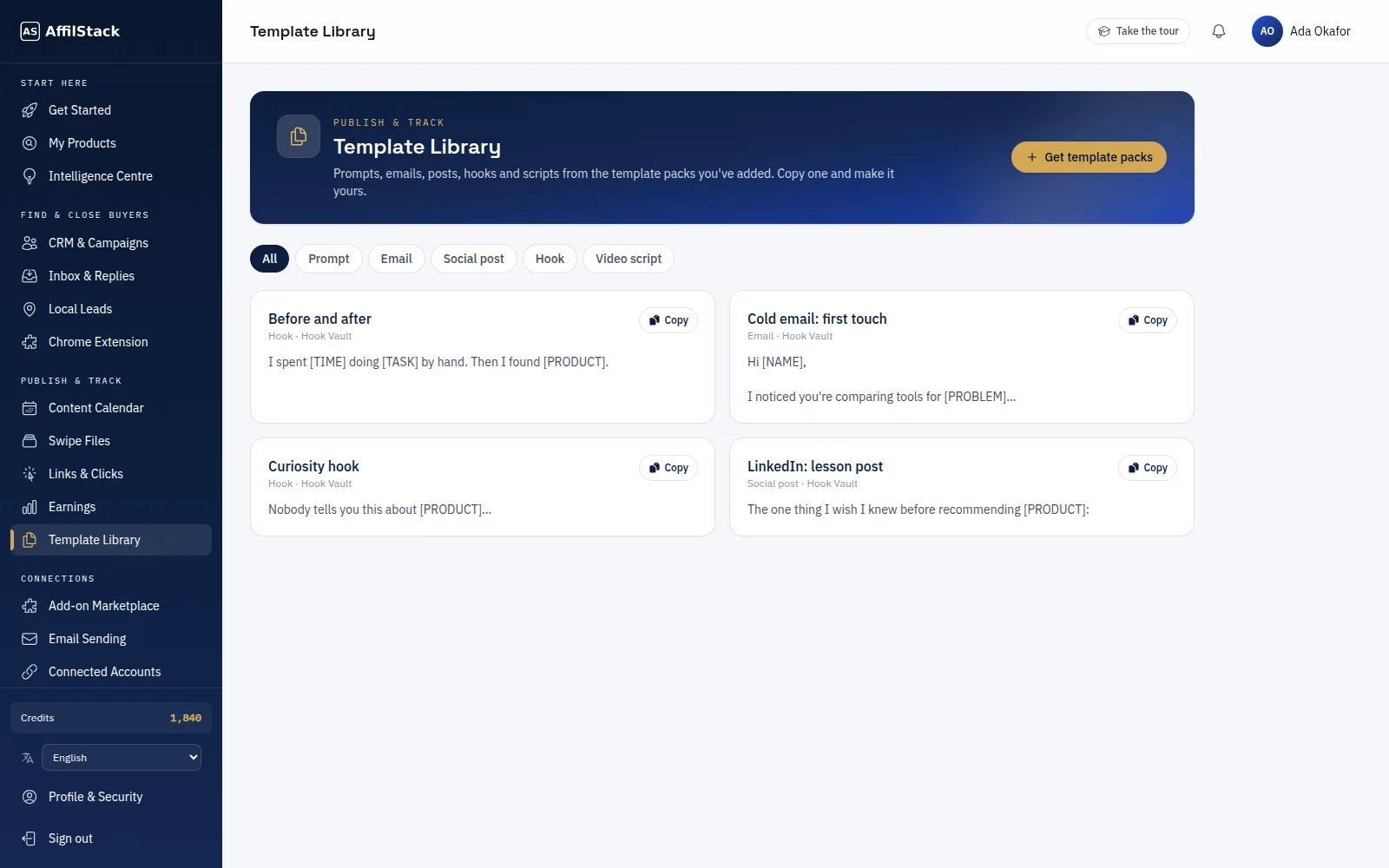 The Template Library filled by an installed template pack